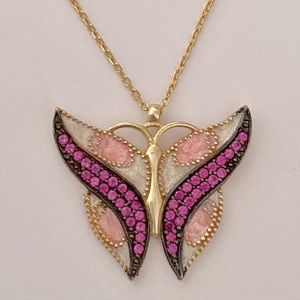 925 Silver pink butterfly enamel necklace 18K yellow gold plated